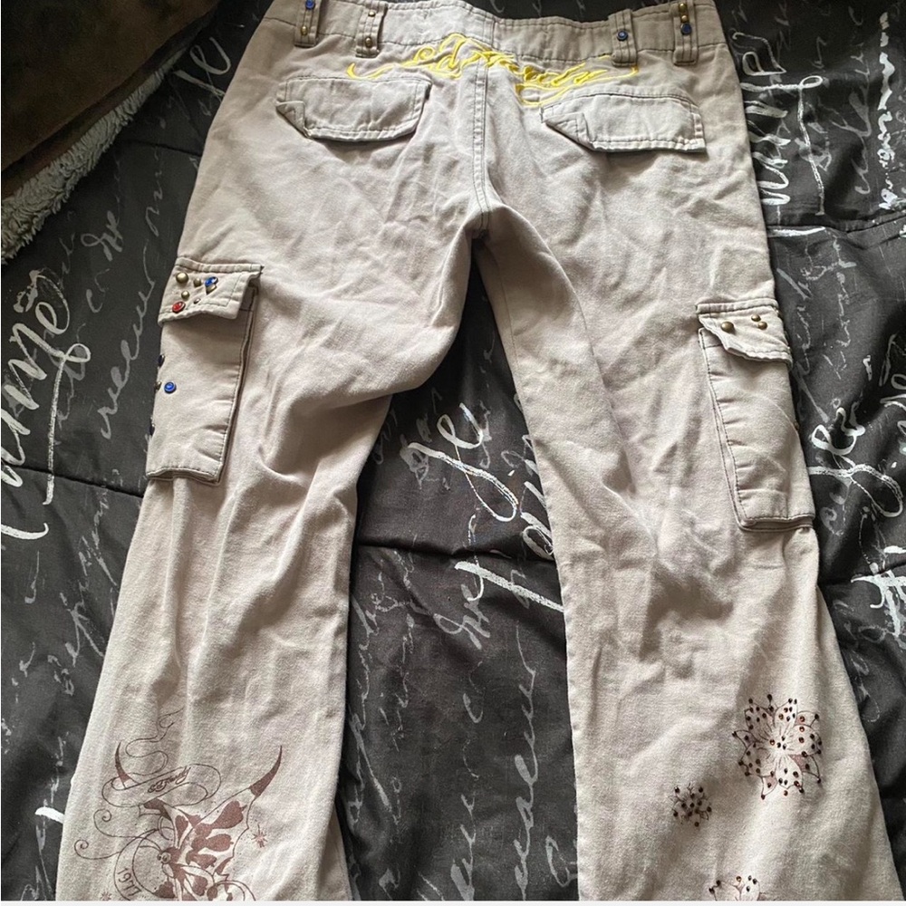 Ed Hardy Beige Embroidered Flare Jeans - Picture 2 of 3
